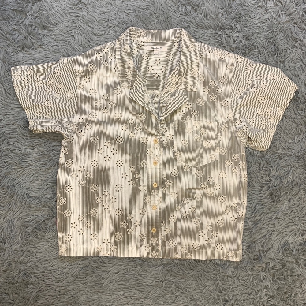 Madewell Button Up Cropped Floral Print Striped Shirt